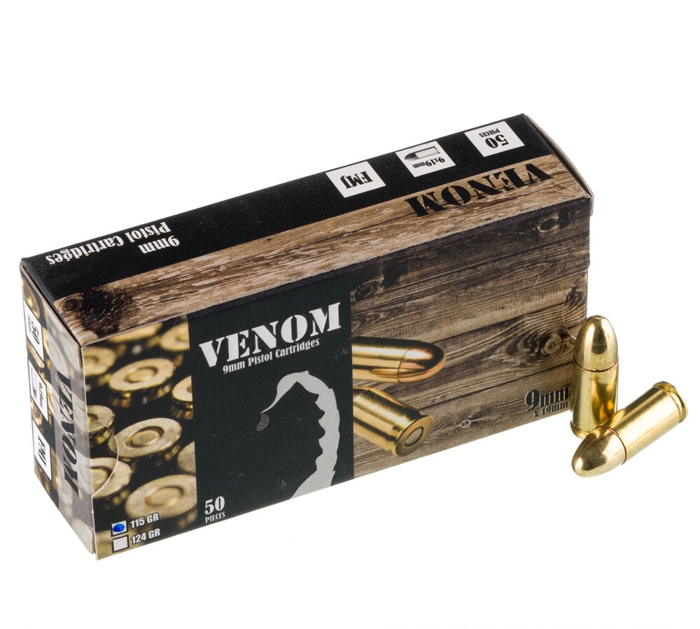 1000 Rounds of 9mm Ammo by Venom - 115gr FMJ